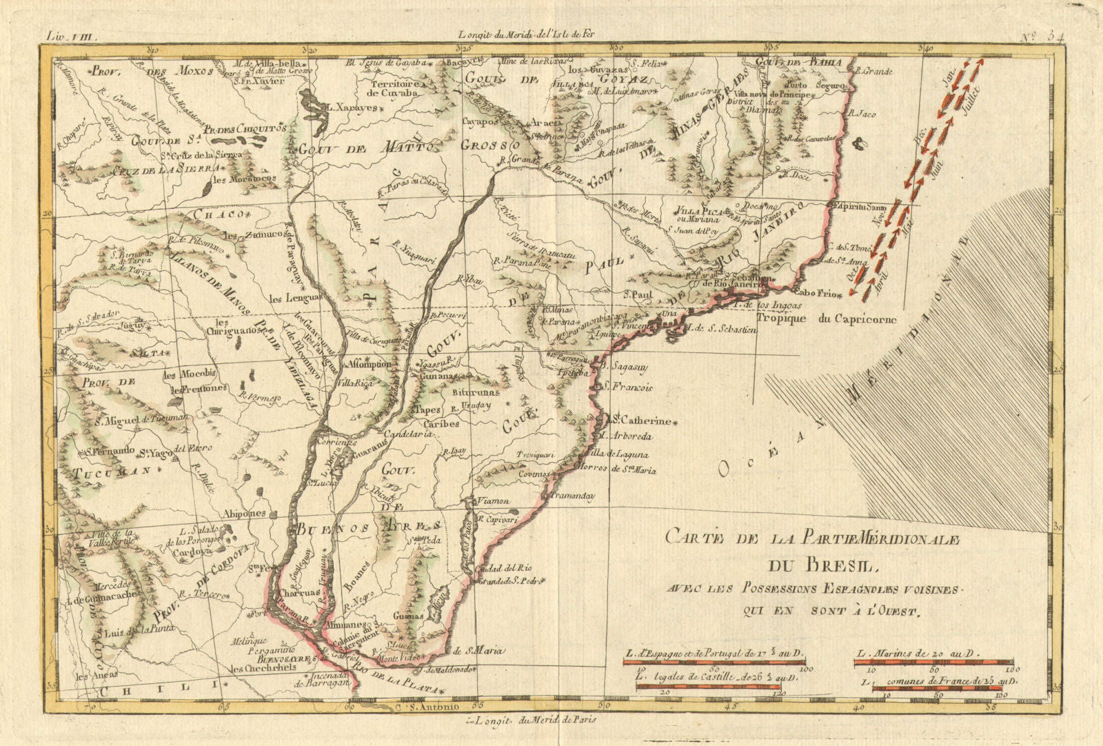 'Carte de la Partie Meridionale du Bresil…'. BONNE. Southern Brazil c1783 map
